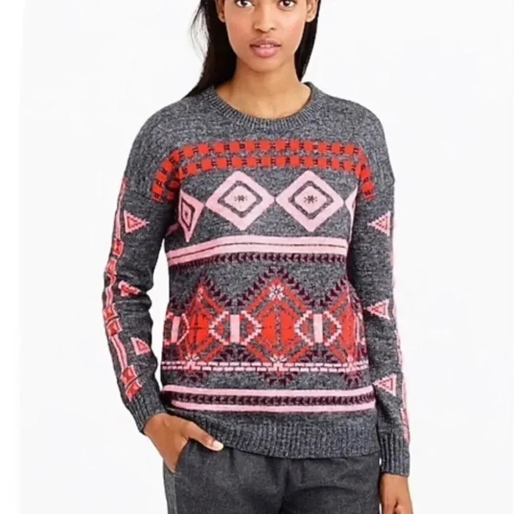 J. Crew Grey & Pink Patterned Wool Crewneck Sweater